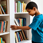 A diverse child, approximately 7 years old, in modest, comfortable clothing, actively sorting and arranging books on a low bookshelf in a brightly lit, organized living room. A parent is standing nearby, gently observing and offering guidance. The scene portrays a collaborative and educational moment, emphasizing the child's developing independence. Fully clothed, appropriate attire, safe for work, perfect anatomy, correct proportions, natural pose, well-formed hands, proper finger count, natural body proportions, family-friendly content, professional photography, high quality.