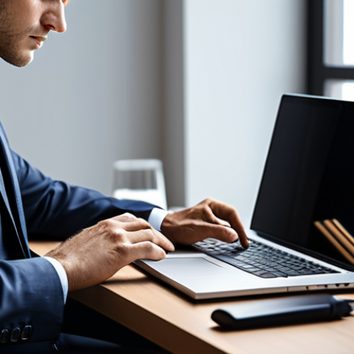 Home 14 A professional businessperson in a modest business suit, deeply focused on a laptop at a clean, modern office desk. The desk is organized with essential items only, and natural light streams in from a window. The person exhibits perfect anatomy, correct proportions, and a natural pose, with well-formed hands and proper finger count. The overall scene conveys concentration and efficiency. Fully clothed, appropriate attire, safe for work, professional, high-quality photography, sharp focus.