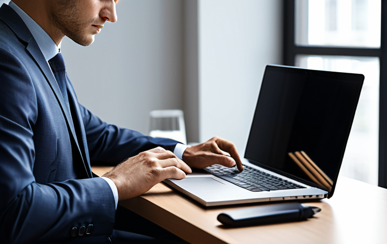 A professional businessperson in a modest business suit, deeply focused on a laptop at a clean, modern office desk. The desk is organized with essential items only, and natural light streams in from a window. The person exhibits perfect anatomy, correct proportions, and a natural pose, with well-formed hands and proper finger count. The overall scene conveys concentration and efficiency. Fully clothed, appropriate attire, safe for work, professional, high-quality photography, sharp focus.