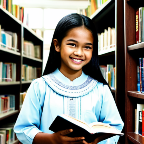 Home 7 **
A Malaysian schoolgirl in her *baju kurung*, smiling and reading a book in a well-lit library. Shelves filled with books in the background. *Selamat untuk kerja*. *Kandungan yang sesuai*. *Berpakaian sopan*. *Profesional*. *Anatomi sempurna*. *Perkadaran yang betul*.
**