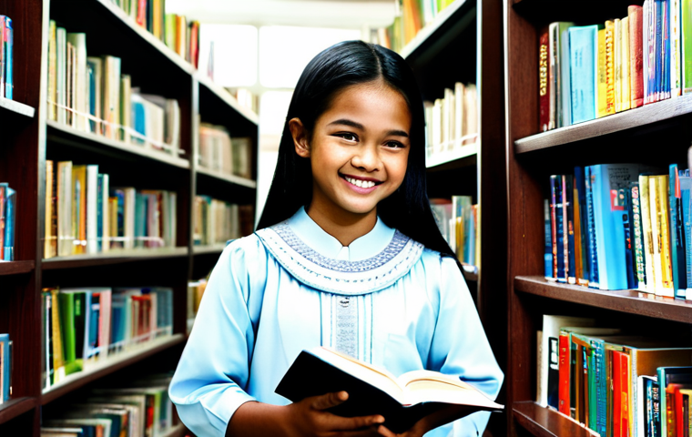 **
A Malaysian schoolgirl in her *baju kurung*, smiling and reading a book in a well-lit library. Shelves filled with books in the background. *Selamat untuk kerja*. *Kandungan yang sesuai*. *Berpakaian sopan*. *Profesional*. *Anatomi sempurna*. *Perkadaran yang betul*.
**